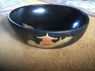 Vintage Chinese Large Black Lacquer Bowl With Gilded Interior,  Exterior Painting