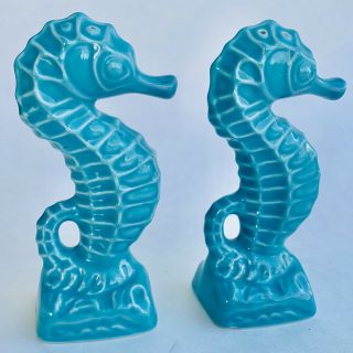 Vintage Turquoise Teal Ceramic Seahorse Salt And Pepper Shakers 5 " Beach Decor