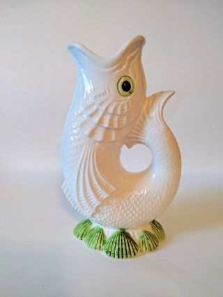 1975 Fitz And Floyd Inc Hand Painted White Green Eyed Fish Vase Pitcher
