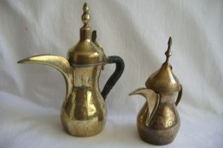 Two Vintage Brass Engraved Islamic / Middle Eastern Dallah Coffee Pots.