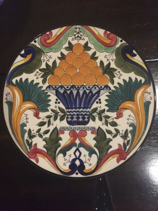 Spanish Hand Painted,  12 Inch Decorator Ceramic Plate,  Floral And Fruit Design