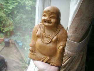 Old Vintage Hand Carved Wooden Laughing Buddha Figure Wood Man