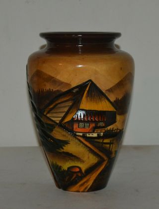 Vintage Black Forest Carved Hand Painted Wood Vase,  Signed By The Artist