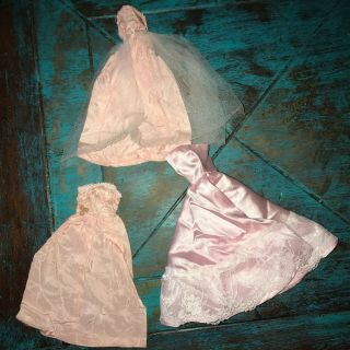 Set Of 3 Old Vintage Barbie Doll Pale Pink Ball Gowns Dresses