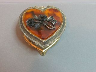 Vintage Willitts Music Box Heart Shape Faux Tiger Eye & Gold Tone Roses Japan