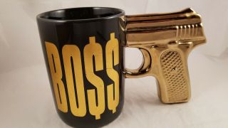 Just Funky Novelty Boss Pistol Gun Metallic Gold Ceramic Black Coffee Mug -