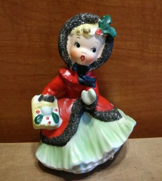 Vintage Napco Ceramic Christmas Girl W/basket Figurine Glitter Trim Ax2750/sb