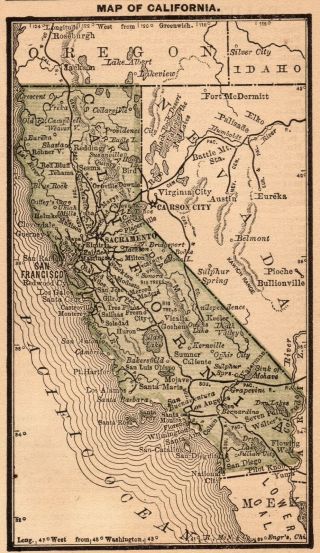 1888 Antique California Map Miniature Vintage Map Of California State Map 5189