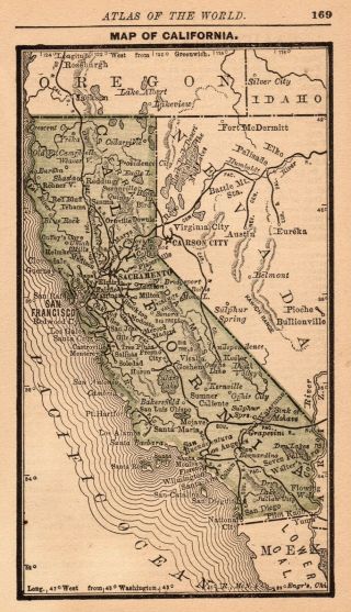 1888 Antique CALIFORNIA Map MINIATURE Vintage Map of California State Map 5189 3