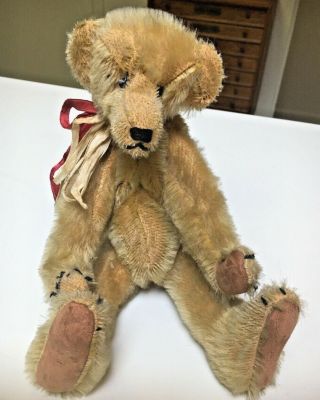 Vintage Bayless Golden Mohair Straw Stuffed Sad Teddy Bear Leather Pad Paws