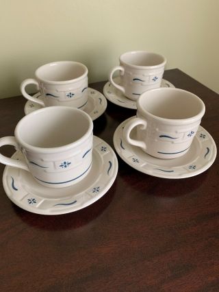 Longaberger Pottery Woven Tradition Blue Coffee Tea Cups & Saucers Usa Set Of 4