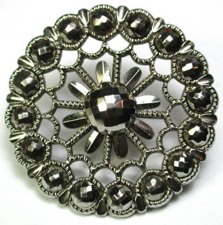 " Bb Antique Pierced Steel Button Flower Design W/ Cut Steel Accents - 1 & 3/16 "