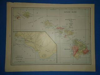 Vintage 1899 Hawaii - Hawaiian Islands - Honolulu Old Antique Atlas Map