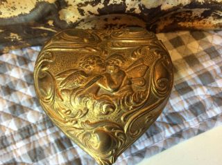 Antique Ornate Cherub Heavy Heart Shaped Jewelry Trinket Box Art Nouveau Rogers