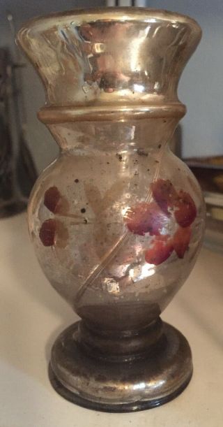Mercury Glass Vase Sm Antique Victorian Era Bud Vase Painted Flowers 4 " H Vgcond