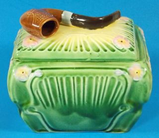 Antique Continental Majolica Tobacco Humidor With Smoking Pipe Handle
