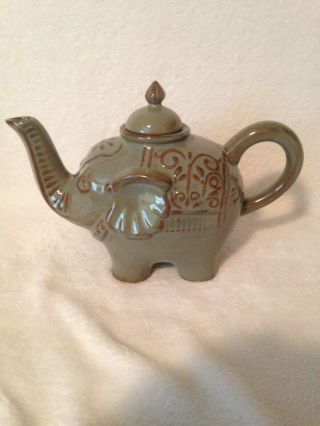 Pier1 Imports Stoneware Elephant Tea Pot Antique Green Brown