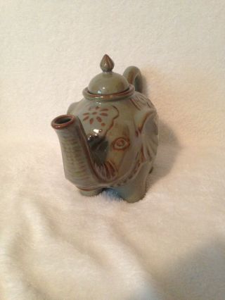 Pier1 Imports Stoneware Elephant Tea Pot Antique Green Brown 2