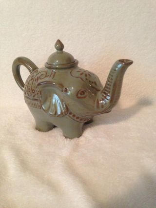 Pier1 Imports Stoneware Elephant Tea Pot Antique Green Brown 3