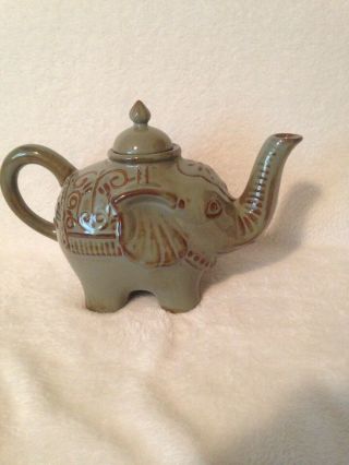 Pier1 Imports Stoneware Elephant Tea Pot Antique Green Brown 4