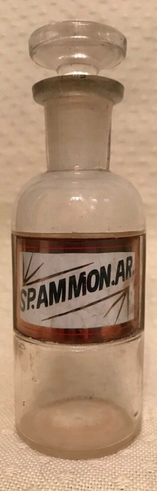 Antique Apothecary Pharmaceutical Glass Bottle With Stopper Sp.  Ammon.  Ar.