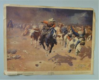 Vintage 1927 W.  R.  Leigh Western Art Print The Stampede Cattle Ranchers Horses