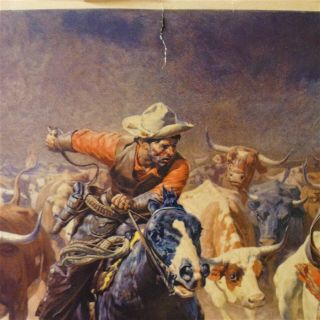 Vintage 1927 W.  R.  Leigh Western Art Print THE STAMPEDE Cattle Ranchers Horses 2