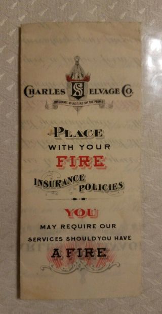 Charles Selvage Co.  Fire Insurance Adjusters Policy Antique Brochure Newark Nj