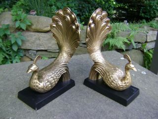 Vintage Lacquered Solid Brass Bookends Peacock Hand - Made In India 10 "