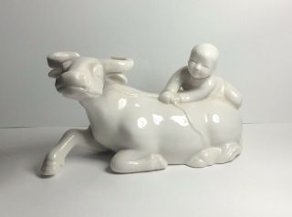 Chinese Blanc De Chine Porcelain Figurine Boy Riding Oxen Buffalo