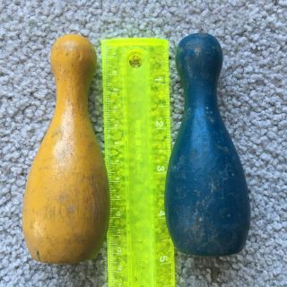 2 Small Wooden Vtg Mini Bowling Pins Game Parts Yellow & Blue 4.  5 " Solid Wood