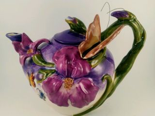 Heather Goldminc Blue Sky Purple Butterfly And Flower Ceramic Teapot
