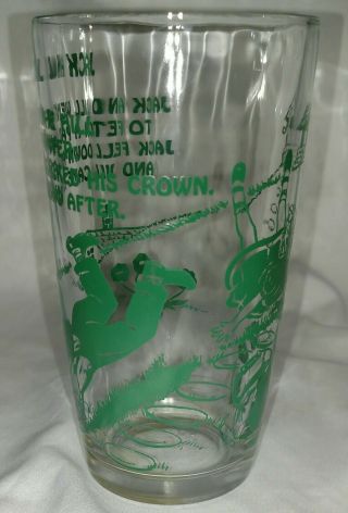 Jack & Jill Vintage Nursery Rhyme Drinking Glass Green Euc 4 - 3/4 " Tall Tumbler