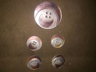 1 Lg.  & 4 Sm.  Antique Vtg Carved Mop Shell Button Crescent Moons 1 - 3/8 " & 5/8 "