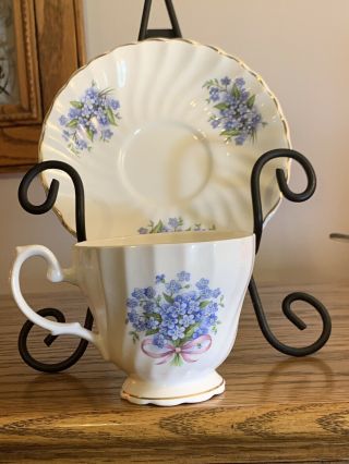 Crown Dorset Staffordshire Fine Ceramic Teacup Saucer Antique White Blue Flowers