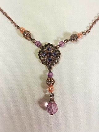 1928 Vintage Copper Silver Tone Necklace With Purple Gem Flower