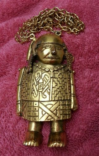 Vintage Arsel Mexico Pendant Necklace Big Aztec Warrior God Golden Man Antique