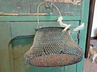 Antique Vintage Fishing Gear Trap Cricket Basket Bucket Woven Wire Metal