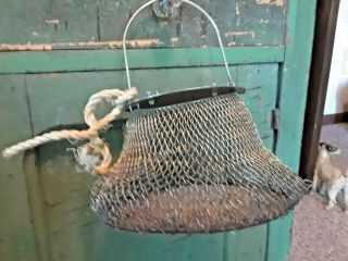 Antique Vintage Fishing Gear Trap Cricket Basket Bucket Woven Wire Metal 2
