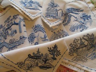 Vintage Hand Embroidered " Willow Pattern " Table Runner,  4 Napkins/mats