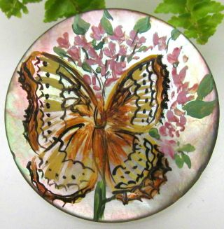 Large Signed Hand Painted Antique Pearl Button W/ Colorful Butterfly B73