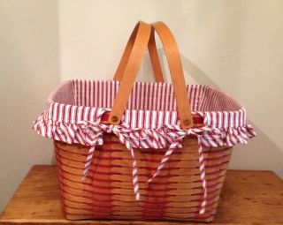 Longaberger 1993 Getaway Basket,  Plastic Protector,  And Red Ticking Fabric Liner