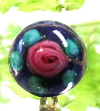 Lovely Vintage Diminutive Royal Blue Glass Overlay Button W/ Pink Rosette B89