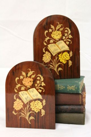 Pair Sorrento Inlaid Wood Floral Bookends Made In Italy Vintage