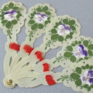 Antique Miniature 3.  5 " Celluloid Hand Fan Hand Painted Pansies Fashion Doll