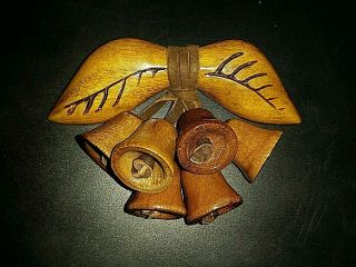 Vintage Antique Brooch Hand Carved Wood Leaves Dangling Bells Wwii 1930 