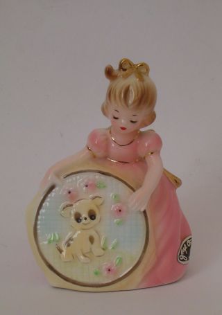 Older Josef Originals Girl Holding Embroidery Hoop With Puppy Dog Figurine
