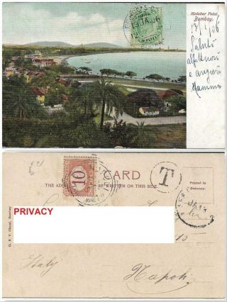 Antique Postcard India Malabar Point Bombay Mail To Napoli Sea Post Office 1906