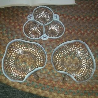 Antique Hocking Glass Company Hobnail Crystal Opaque White Nappy Bowls X3