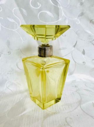 Large Heavy Art Deco Yellow Crystal Perfume Scent Bottle Stg Silver Collar C1920